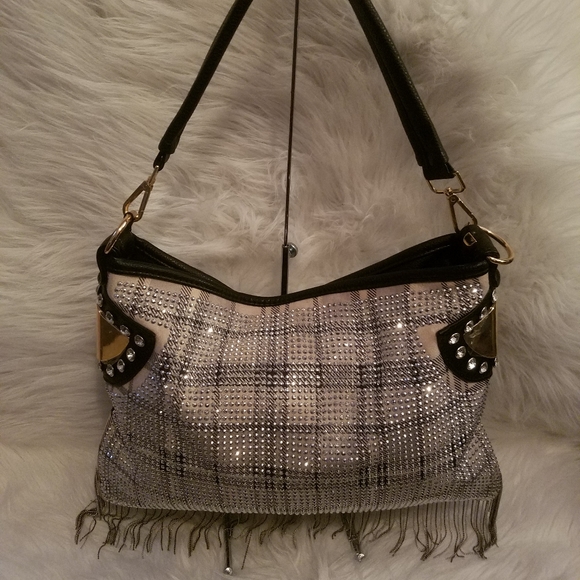 BEIGE AND BLACK SPARKLING FRINGE PLAID PRINT SHOULDER BAG - Picture 1 of 11